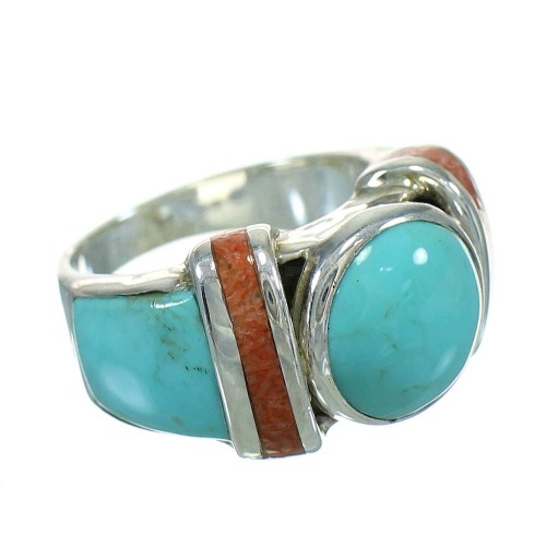 Southwest Sterling Silver Apple Coral And Turquoise Inlay Ring Size 5-1/4 AX82299