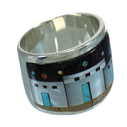 Native American Village Or Pueblo Design Multicolor Sterling Silver Ring Size 7-1/2 QX70416