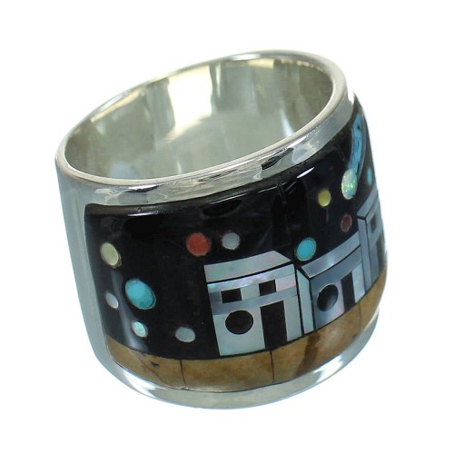 Southwestern Native American Village Design Multicolor Sterling Silver Ring Size 7-3/4 QX70420