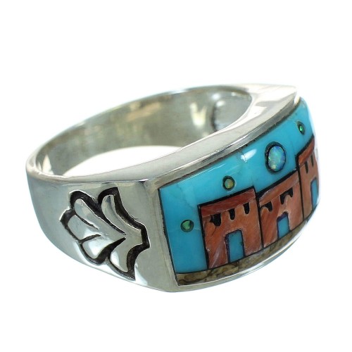 Sterling Silver Native American Village Design Multicolor Ring Size 10-3/4 QX70549