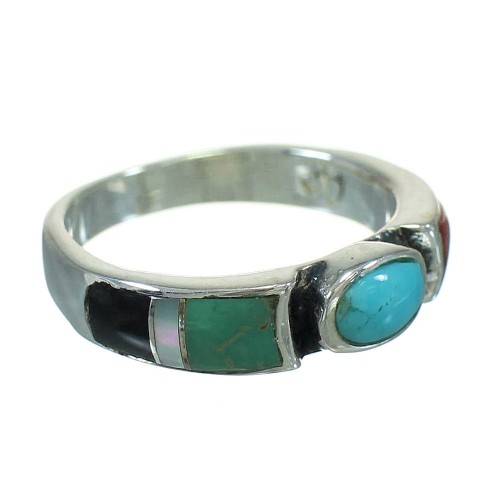 Genuine Sterling Silver Southwestern Multicolor Inlay Ring Size 7-3/4 QX70694