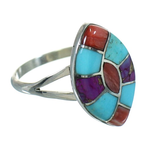 Southwestern Multicolor Inlay Sterling Silver Ring Size 7-1/4 QX71018