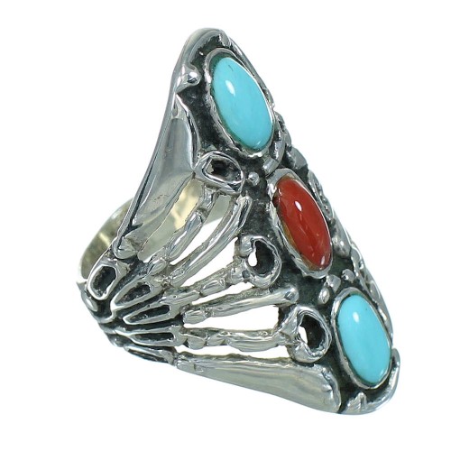 Southwest Turquoise And Coral Sterling Silver Ring Size 7-1/2 WX82440