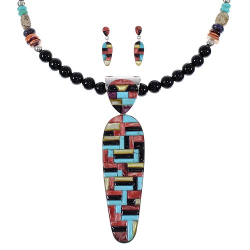 Southwest Multicolor Sterling Silver Necklace And Earring Set WX65758