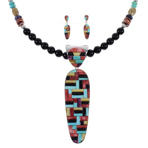 Multicolor Sterling Silver Southwest Necklace And Earring Set WX65762