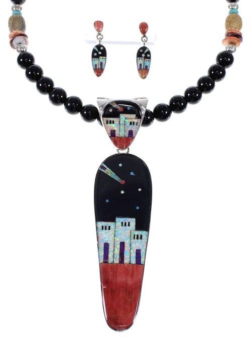 Native American Village Design Multicolor Silver Necklace And Earring Set WX65773