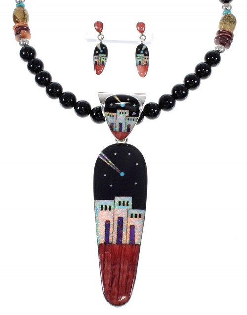 Native American Village Or Pueblo Design Silver Multicolor Necklace Earring Set WX65784