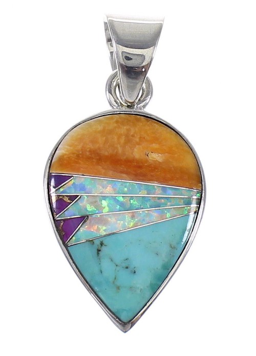 Southwest Authentic Sterling Silver Tear Drop Multicolor Jewelry Pendant MX64823