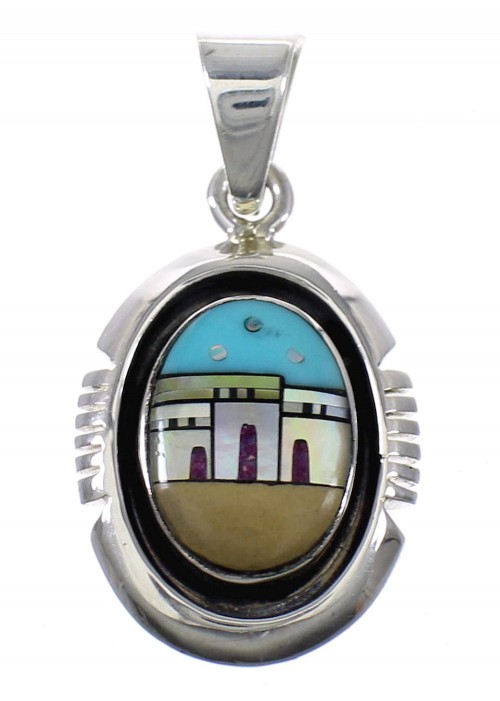 Sterling Silver Native American Village Or Pueblo Design Multicolor Pendant MX64924