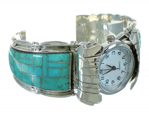 Sterling Silver Southwest Turquoise Inlay Cuff Watch RX65847