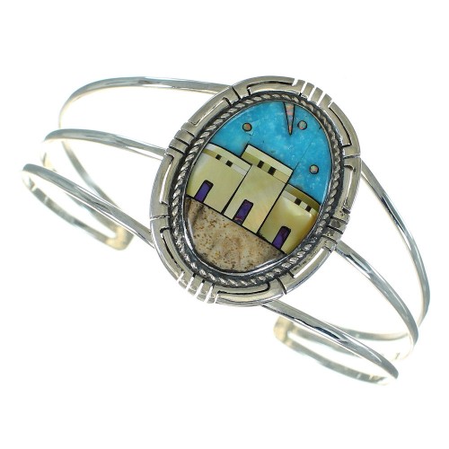 Genuine Sterling Silver Multicolor Inlay Native American Village Design Bracelet RX69133