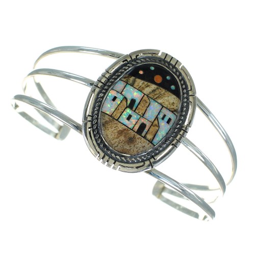 Native American Pueblo Design Sterling Silver Multicolor Inlay Bracelet RX69136