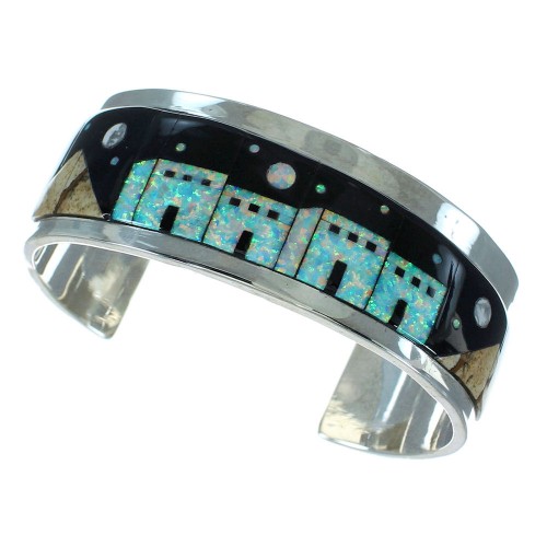Sterling Silver Multicolor Inlay Native American Pueblo Design Cuff Bracelet RX69137