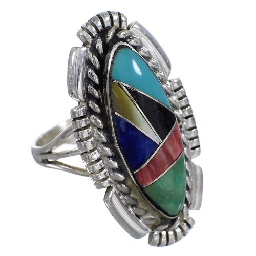 Silver Southwestern Multicolor Inlay Ring Size 6-1/4 QX77483