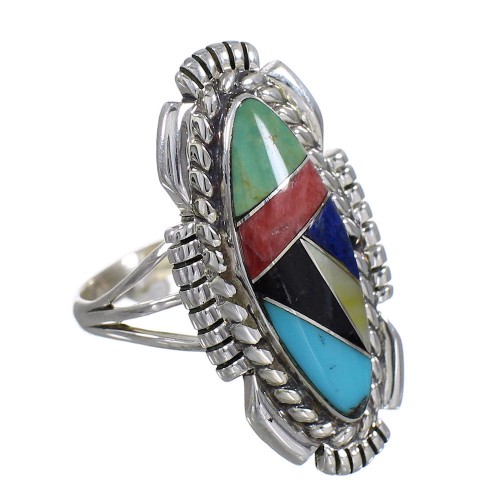 Southwest Genuine Sterling Silver Multicolor Inlay Ring Size 5 QX77775