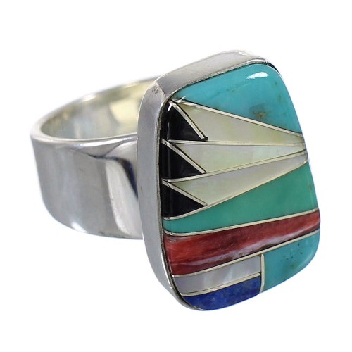 Southwest Multicolor Inlay Genuine Sterling Silver Ring Size 7 QX77847