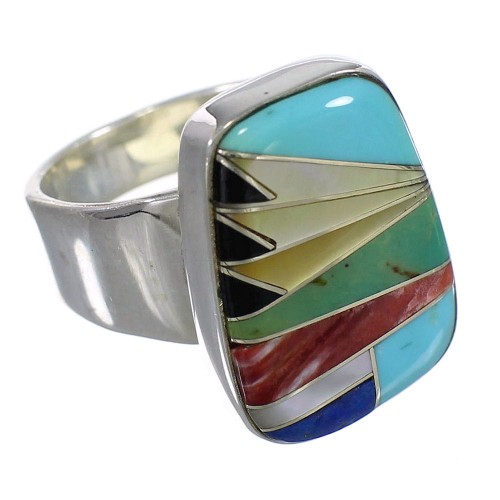 Southwestern Multicolor Inlay Genuine Sterling Silver Ring Size 4-3/4 QX77850