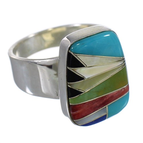 Authentic Sterling Silver Multicolor Inlay Southwestern Ring Size 8 QX77857