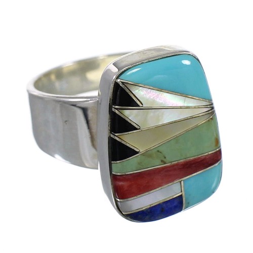 Southwest Silver Multicolor Inlay Jewelry Ring Size 7-1/2 QX77864