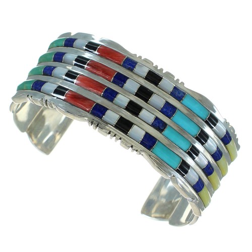 Genuine Sterling Silver Multicolor Inlay Southwestern Cuff Bracelet AX78086