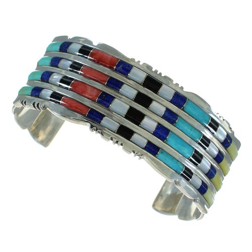 Genuine Sterling Silver Multicolor Inlay Cuff Bracelet AX78087