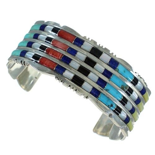 Genuine Sterling Silver Southwest Multicolor Inlay Cuff Bracelet AX78088