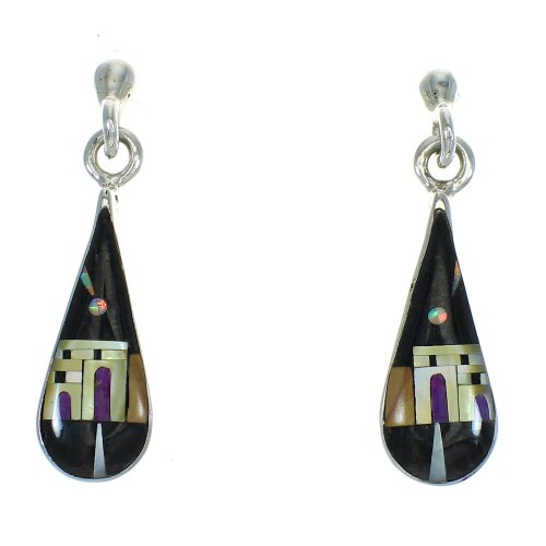 Native American Village Design Multicolor Silver Tear Drop Post Dangle Earrings AX81232