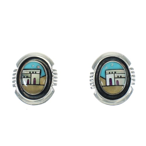 Silver Multicolor Inlay Native American Pueblo Design Post Earrings AX81258