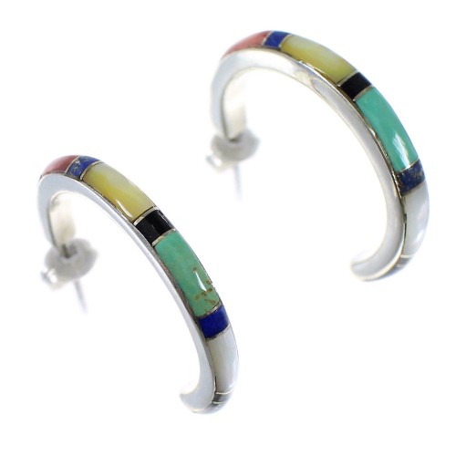 Southwestern Silver Multicolor Post Hoop Earrings QX72457