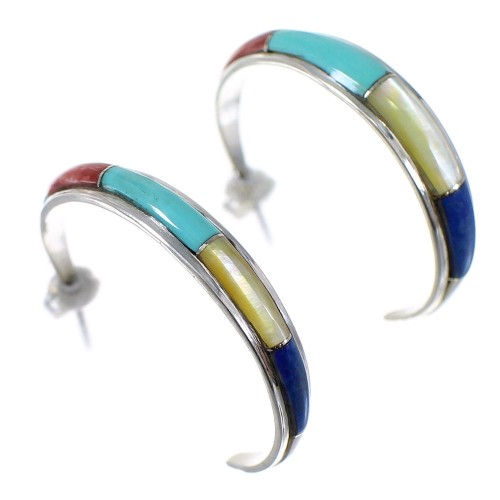 Southwest Sterling Silver Multicolor Post Hoop Earrings QX72460