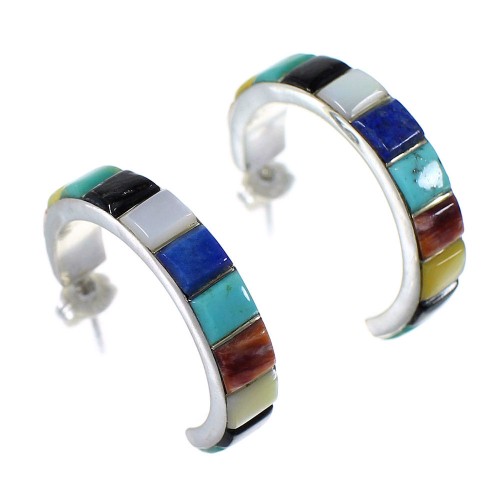 Southwestern Sterling Silver Multicolor Post Hoop Earrings QX72464