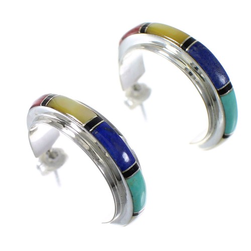 Southwestern Genuine Sterling Silver Multicolor Post Hoop Earrings QX72484