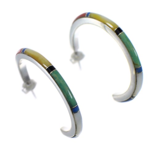 Genuine Sterling Silver Southwestern Multicolor Post Hoop Earrings QX72501