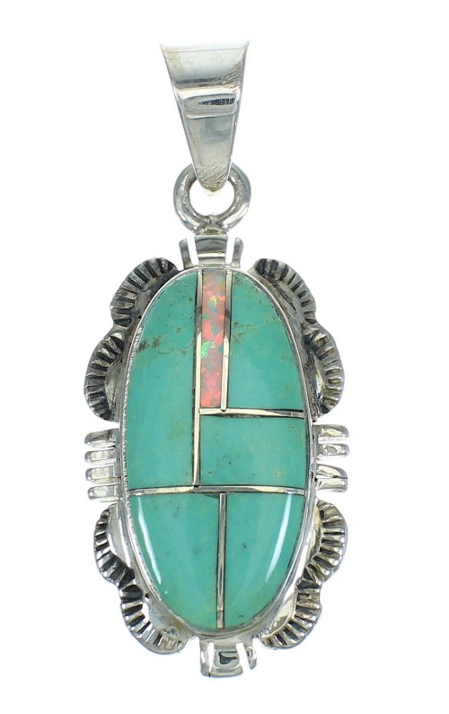 Turquoise And Opal Inlay Genuine Sterling Silver Southwest Pendant VX65538