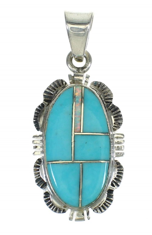 Turquoise And Opal Inlay Authentic Sterling Silver Pendant Jewelry VX65569