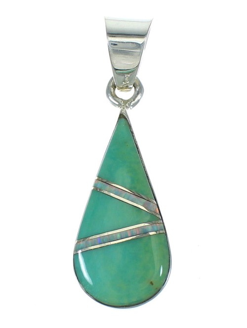Southwest Genuine Sterling Silver Turquoise And Opal Inlay Tear Drop Pendant VX65576