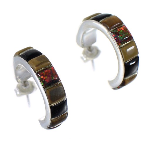 Genuine Sterling Silver Multicolor Southwest Post Hoop Earrings RX65633