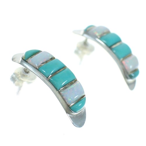 Turquoise And Opal Sterling Silver Southwestern Post Hoop Earrings WX66229