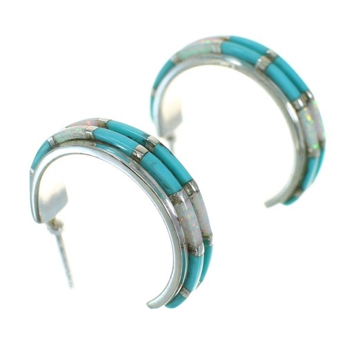 Southwest Silver Opal And Turquoise Post Hoop Earrings WX66296