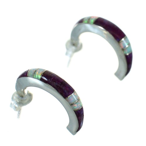 Magenta Turquoise Opal Inlay Authentic Sterling Silver Post Hoop Earrings RX66406