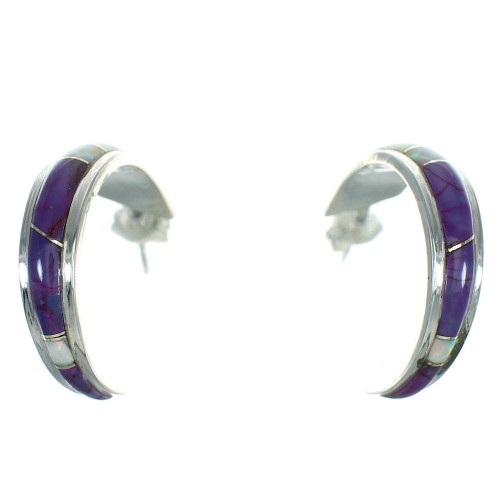 Authentic Sterling Silver Magenta Turquoise And Opal Post Hoop Earrings RX66399