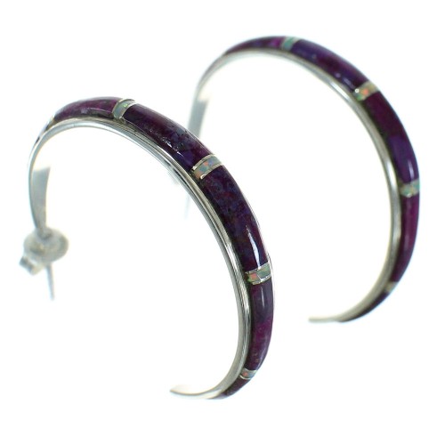 Magenta Turquoise Opal Inlay Genuine Sterling Silver Post Hoop Earrings RX66401