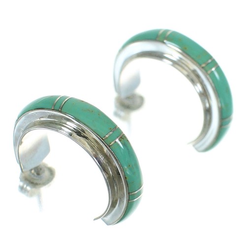 Turquoise Inlay Genuine Sterling Silver Post Hoop Earrings AX66233