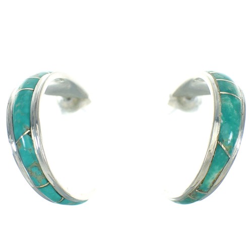 Turquoise Inlay Jewelry Authentic Sterling Silver Post Hoop Earrings AX66266