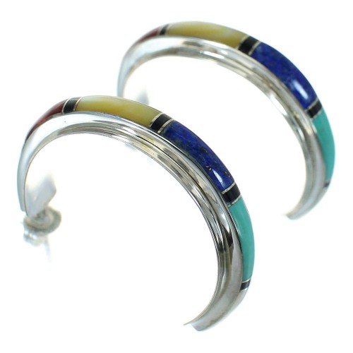 Southwest Sterling Silver Multicolor Post Hoop Earrings RX66299