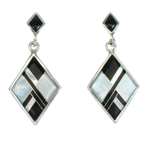 Sterling Silver Jet Mother Of Pearl Inlay Post Dangle Earrings RX66415