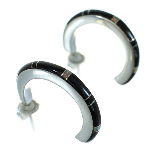 Jet Opal Authentic Sterling Silver Post Hoop Earrings RX65718