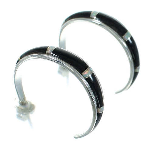 Southwest Sterling Silver Jet Opal Inlay Post Hoop Earrings RX65719