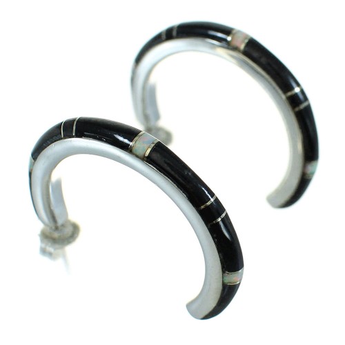 Genuine Sterling Silver Jet Opal Inlay Post Hoop Earrings RX65720