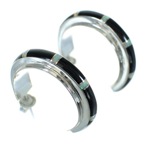 Sterling Silver Jet Opal Inlay Jewelry Post Hoop Earrings RX65721